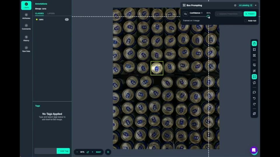 Roboflow Annotate labeling cans with AI box prompting